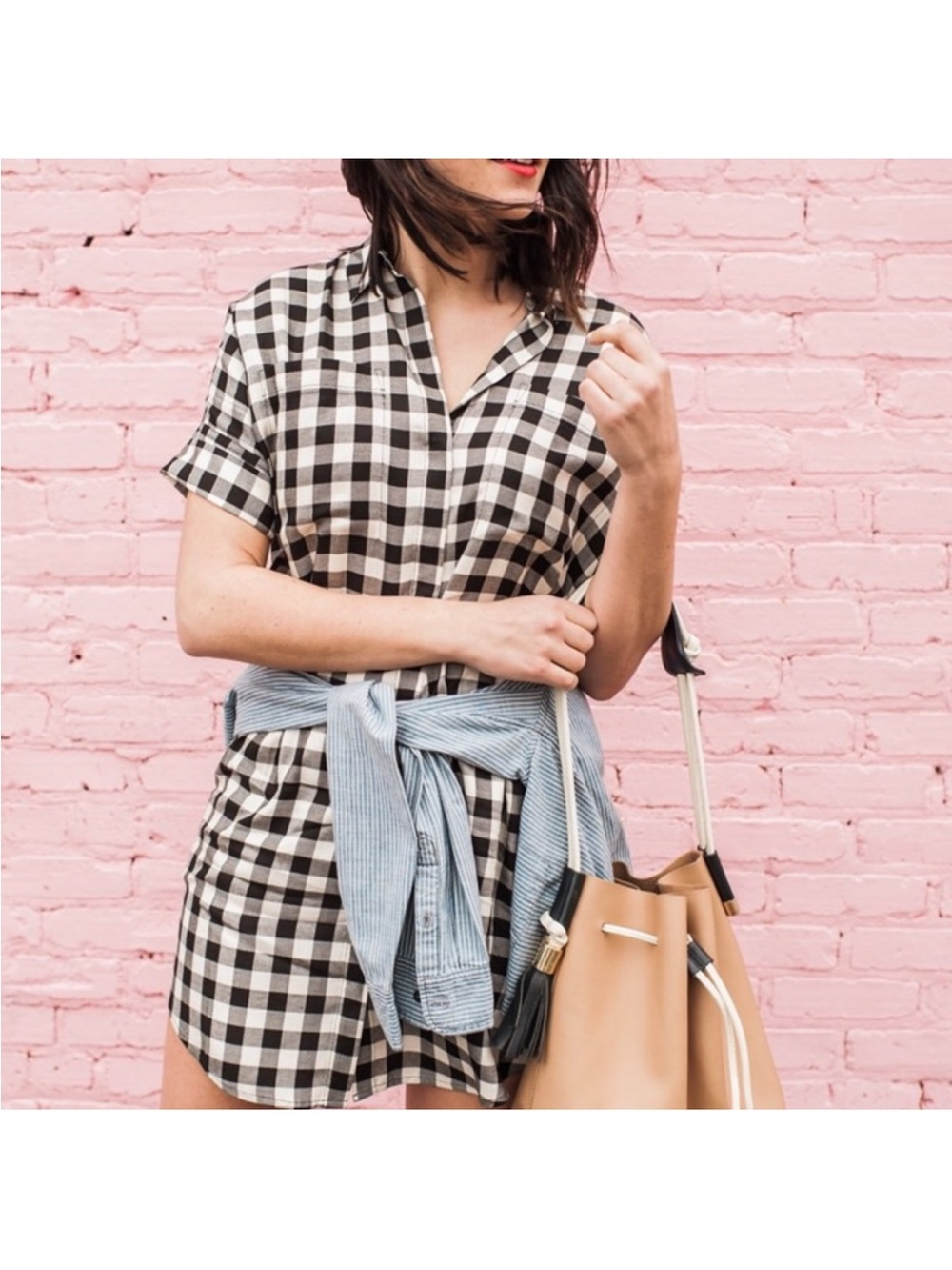 Madewell Black & White Buffalo Check Button-Down Shirt Dress Medium
